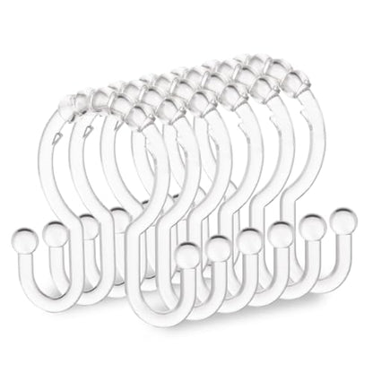 Resze Plastic Shower Curtain Hooks, 12 Pcs Clear Shower Curtain Rings Set | Glide Roller Shower Hooks, Rust Proof Anti-Drop Shower Rings, Smooth Sliding Double Hooks for Bathroom Shower Rods Curtains