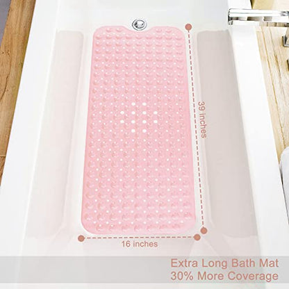 TEESHLY Bath Tub and Shower Mats, Non-Slip 39 x 16 Inch Extra Long Bathtub Mat, Machine Washable BathMat with Drain Holes, Suction Cups for Bathroom (Opaque Pink) - color: Opaque Pink