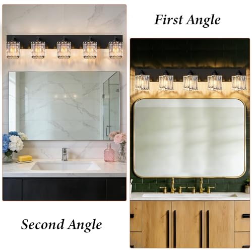 Black Crystal Bathroom Vanity Light, 5-Light Modern Bathroom Lighting Fixtures Over Mirror, Matte Black Wall Sconce Light Fixtures with Square Shade - color: Black-Square Shade, size: 5-LIGHT