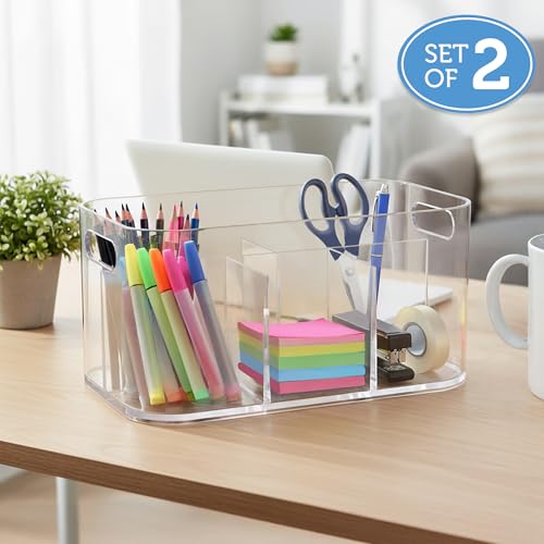 STORi Bliss 5-Compartment Plastic Cosmetics Storage Organizer, Set of 2 | Clear | Rectangular Divided Makeup Bin & Vanity Caddy with Pass-Through Handles | Round Corner Design | Made in USA - size: 2 Pack