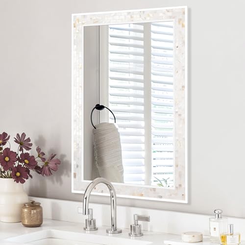 White Framed Rectangle Bathroom Mirror 24x36 Inch | Mother of Pearl Mosaic Frame, Tempered Glass, Horizontal/Vertical Hanging, Bathroom Bedroom Living Room Decor - size: 36"L x 24"W