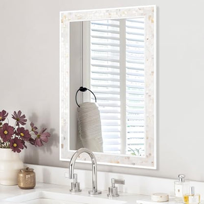 White Framed Rectangle Bathroom Mirror 24x36 Inch | Mother of Pearl Mosaic Frame, Tempered Glass, Horizontal/Vertical Hanging, Bathroom Bedroom Living Room Decor - size: 36"L x 24"W