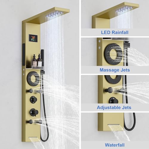 RUMOSE Brushed Gold Shower Panel Tower System, 5-Mode Shower Faucet Set | LED Light Rainfall Shower Head Digital Display with Massage Jets Tub Spout Shower Shelves, Stainless Steel, Wall Mount - color: Brushed Gold