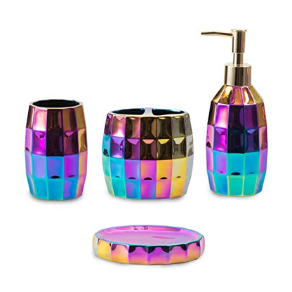 Rainbow Bathroom Accessory Set, Colorful/Gold Mosaic Ceramic Bathroom Accessories Sets Includes Lotion Dispenser, Toothbrush Holder Tumbler, and Soap Dish - color: Rainbow