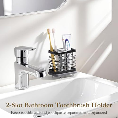 Shinowa Toothbrush Holder Wall Mounted for Bathroom 2 Slots | Stainless Steel Electric Toothbrush Toothpaste Holder with Fast Dry Tray, Adhesive and Countertop Bathroom Accessories - color: Black