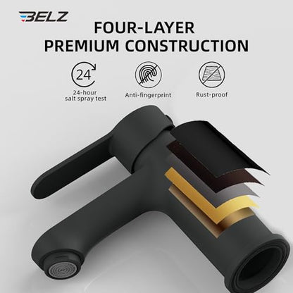 BELZ Black Bathroom Faucet, Lead-Free for 1 or 3 Hole 4" Vanity Sink | NSF372 Compliant,Anti-peeling PVD Finish,Includes Pop-up Drain & Hoses,Single Handle Modern Design, Easy DIY Install - color: Matte Black