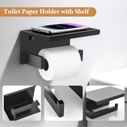 TURS Bathroom Hardware Set Black 4-Piece Towel Bar Set Include 24 Inch Towel Bar Towel Ring Towel Hook Toilet Paper Holder with Shelf Wall Mounted. - color: Matte Black, size: Set C