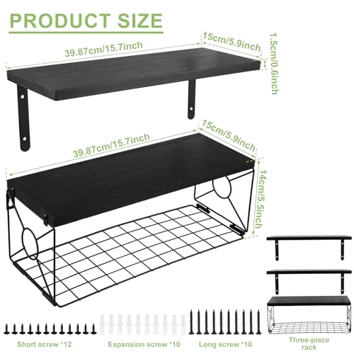 Floating Shelves with Wire Storage Basket, Bathroom Shelves Over Toilet with Protective Metal Guardrail, Versatile Storage Function Hanging Storage Wall Shelf for Bathroom, Bedroom, Living Roomv