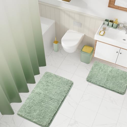 XLHOMO Sage Green Bathroom Set - 24PC Bathroom Sets with Shower Curtain and Rugs, Sage Green Bathroom Accessories Set with Press-on Lid Bathroom Trash Can, Soap Dispenser - color: Sage Green and Gold, size: Press-lid Complete Set+Bath Rugs