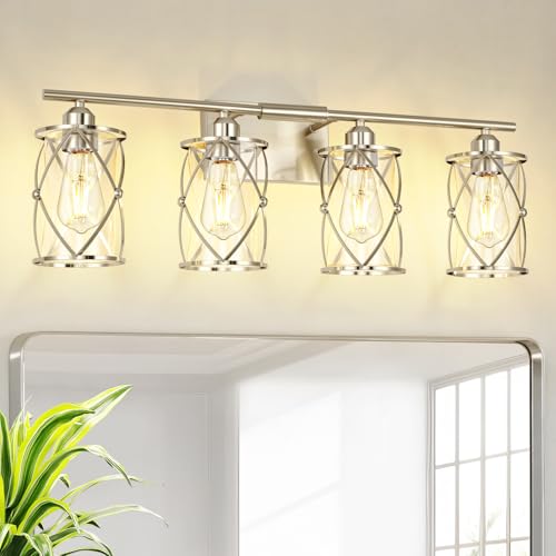 4-Light Brushed Nickel Bathroom Light Fixtures, 29 Inch Modern Bathroom Vanity Lighting Fixtures Over Mirror with Clear Glass and Metal Cage Wall Sconce Lights for Bath, E26, CH9176BN-4W - color: Nickel + Clear Glass, size: 4-Light, 29" L