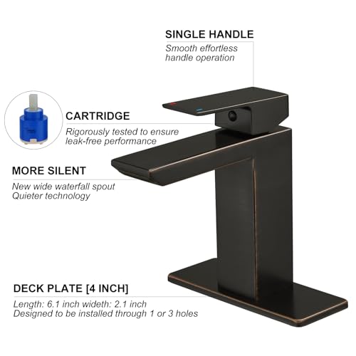 RUMOSE Bathroom Faucets 1 & 3 Hole Vanity Faucet with Drain Bronze | Single Handle Bathroom Sink Faucet Set Waterfall Spout Kit with Deck Plate Rv Lavatory Basin Faucet, Stainless Steel - color: Oil Rubbed Bronze