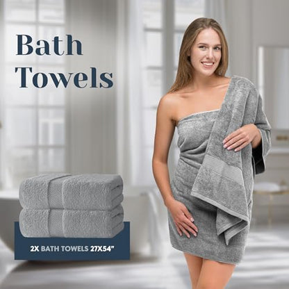 White Classic Luxury Bath Towel Set of 8 Pieces - 100% Turkish Cotton Highly Absorbent Towels for Bathroom, 2 Luxury Bath Towels 700GSM, 2 Hand Towels, 4 Washcloths, Light Gray - color: 02: Light Grey