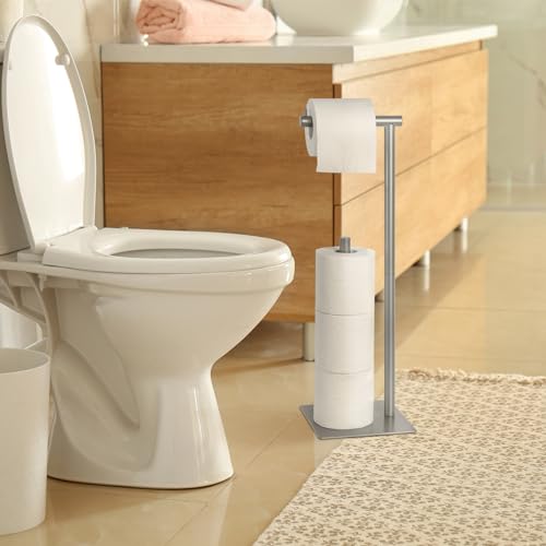 Toilet Paper Holder Stand Silver Toilet Paper Roll Holder for Bathroom, Freestanding Metal TP Holder with Reserve Toilet Tissue Storage Shelf, Holds Up to 4 Rolls of Paper | Freestanding TP Holder with Reserve Toilet Tissue Storage Shelf, Holds Up To 4 Ro