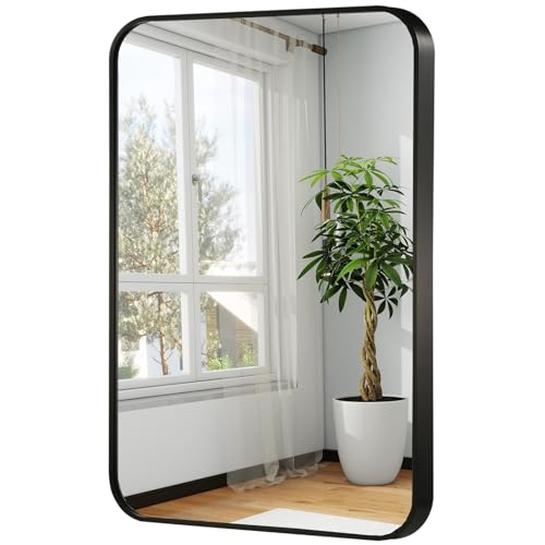 24x36 Inch Black Wall Mirror for Bathroom, Brushed Metal Framed Mirror with Rounded Corner, Rectangle Bathroom Vanity Mirror for Bedroom or Living Room, Horizontal/Vertical - color: Black, size: 24"L x 36"W