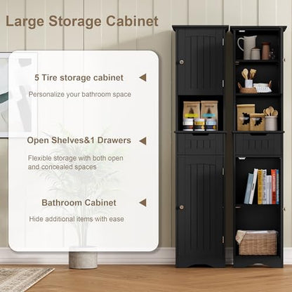 ChooChoo 67" Tall Bathroom Storage Cabinet, Narrow Bathroom Cabinet with 2 Doors and 1 Drawers, Freestanding Cupboard Floor Cabinet with Adjustable Shelves for Living Room, Kitchen, Black