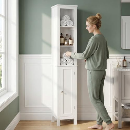 66.9" White Tall Bathroom Storage Cabinet, Slim Freestanding Narrow Linen Tower with 1 Door, Adjustable Shelves, Open Compartments & Anti-Tip Design for Small Spaces, Bathroom, Living Room