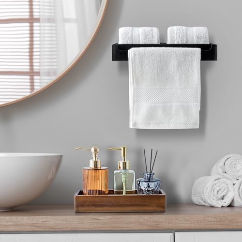 MyGift Modern Matte Black Wall Mounted Towel Rack with Acacia Wood Shelf – Metal Bathroom Storage Organizer for Towels and Décor