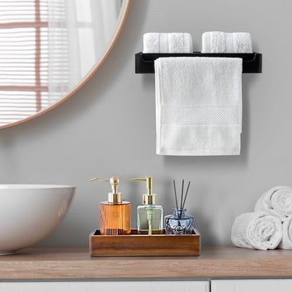 MyGift Modern Matte Black Wall Mounted Towel Rack with Acacia Wood Shelf – Metal Bathroom Storage Organizer for Towels and Décor