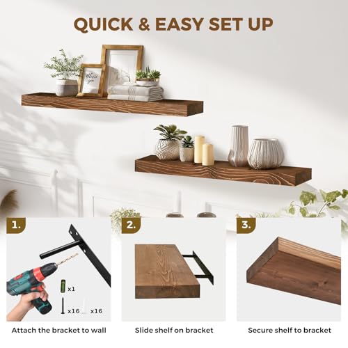 Solid Wood Floating Shelves, 36 Inch Wall Shelves, Set of 2, Brown | 8 Inch Deep, 1.6 Inch Thick, Extra-Wide Display Space, Mounting Hardware Included, For Kitchen, Bathroom and Living Room - color: Brown, size: 36x8x1.6