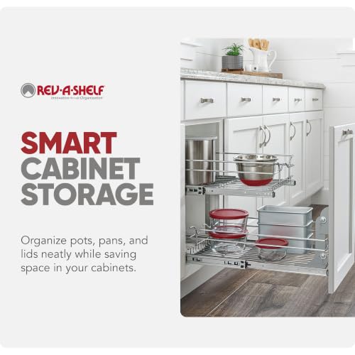 Rev-A-Shelf Pullout Organizer for Cabinets, Min Opening Width of 11.5" | Two-Tier Steel Shelf for Kitchen or Vanity Cabinet Organization, Heavy Gauge Wire Slide Out Storage Basket, 5WB2-1222CR-1 - size: 12" W x 22"D, style: Two Tier