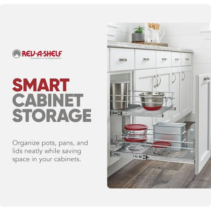 Rev-A-Shelf Pullout Organizer for Cabinets, Min Opening Width of 11.5" | Two-Tier Steel Shelf for Kitchen or Vanity Cabinet Organization, Heavy Gauge Wire Slide Out Storage Basket, 5WB2-1222CR-1 - size: 12" W x 22"D, style: Two Tier