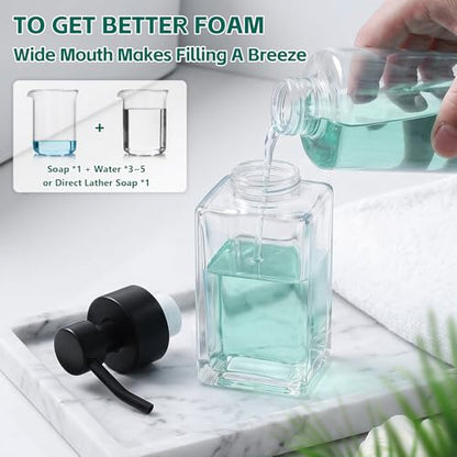 Foaming Soap Dispenser, 12oz/350ml Glass Foaming Hand Soap Dispenser Set, 2Pcs Refillable Foam Soap Dispenser With Foaming Pump, Labels, Square Foam Soap Hand Dispenser For Bathroom, Kitchen - color: Clear Bottle
