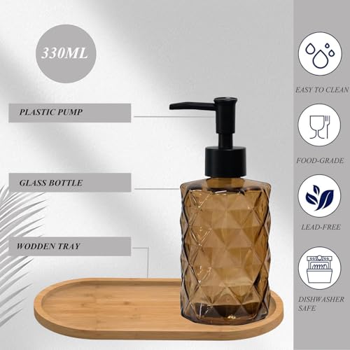 12oz Brown Glass Hand and Dish Soap Dispenser Set, Diamond Design, Set of 2 | Bathroom Soap Dispenser with Plastic Pumps, Bamboo Tray for Hand Wash & Dish Wash, for Bathroom Kitchen Countertop - color: Brown