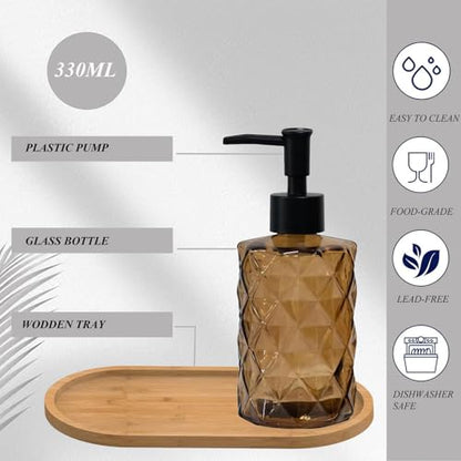 12oz Brown Glass Hand and Dish Soap Dispenser Set, Diamond Design, Set of 2 | Bathroom Soap Dispenser with Plastic Pumps, Bamboo Tray for Hand Wash & Dish Wash, for Bathroom Kitchen Countertop - color: Brown