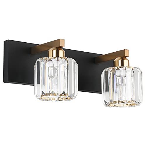 Aipsun Vanity Lighting Fixtures for Bathroom Matte Black Vanity Lights Fixtures Crystal 2 Lights Wall Light Fixture Over Mirror(Exclude Bulb) - color: Black Gold (Round), size: 15 inch