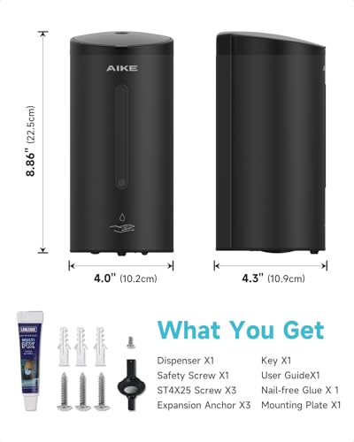 AIKE Automatic Liquid Soap Dispenser,25oz Capacity for Bathroom,Matteblack | No-Drill and Screw Wall Mount Install Design for Space-Saving,4*AA batteries(Not Included) Ensure Long Standby,Model AK1205E - color: Matte Black