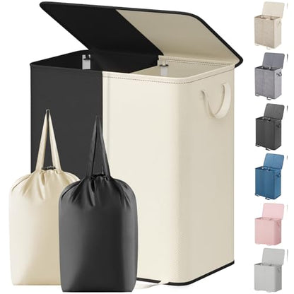 Lifewit Double Laundry Hamper with Lid and Removable Laundry Bags, Large Collapsible 2 Dividers Dirty Clothes Basket with Handles for Bedroom Laundry Room Closet Bathroom College, 155L White&Black - color: White&black, size: 155L