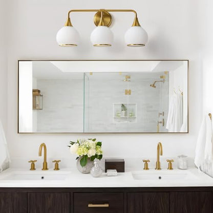 Brushed Gold Bathroom Light Fixtures 3-Lights Vanity Lights with Milky White Frosted Glass Shade Bathroom Vanity Light 22.4 inch Wall Sconce Lighting Bath(Exclude E26 Bulb) - color: Gold & Milky White, size: 3 Light