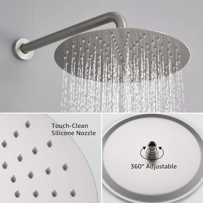 Iriber Brushed Nickel Round Rain Shower System with 4 PCS Body Jets 3 Function Shower Faucet Set Contain 12 Inch Shower Head and Handheld Wall Mounted Pressure Balance Shower Trim Kit (Valve Included) - color: Brushed Nickel 04