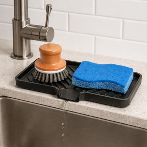 Silicone Soap Dish Tray and Sponge Holder with Drain Chute and Feet | 3-Way Sloped Design | Bathroom and Kitchen Sink Organizer Caddy (White, 10"x4", 7.8 Ounces) - color: White, size: 10"x4"