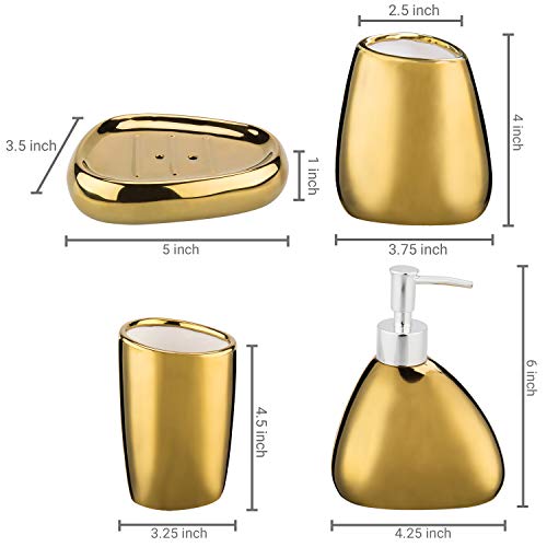 MyGift 4 Pcs Gold Bathroom Accessories Set with Toothbrush Holder, Soap Dispenser, Tumbler and Soap Dish, Bathroom Organizer Accessory for Modern Home Decor, Complete Ceramic