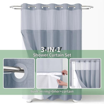 eachope Blue No Hook Shower Curtain with Snap-in Fabric Liner Set,Slub Textured Fabric Shower Curtains for Bathroom,Hotel Style Modern Shower Curtain,Water Repellent & Washable,71x74(72) | Hotel Style Fabric with See-Through Top Window, Water Repellent &