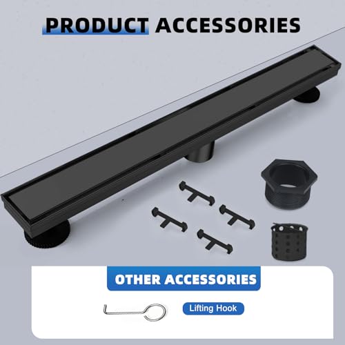 Linear Shower Drain 24 inch Matte Black with Tile Insert Grate | AISI 304 Stainless Steel Black Linear Drain Rectangle Shower Floor Drain with Hair Strainer and Leveling Feet - color: Black, size: 24 inch