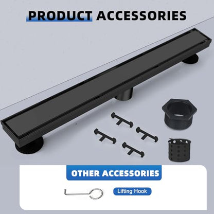 Linear Shower Drain 24 inch Matte Black with Tile Insert Grate | AISI 304 Stainless Steel Black Linear Drain Rectangle Shower Floor Drain with Hair Strainer and Leveling Feet - color: Black, size: 24 inch