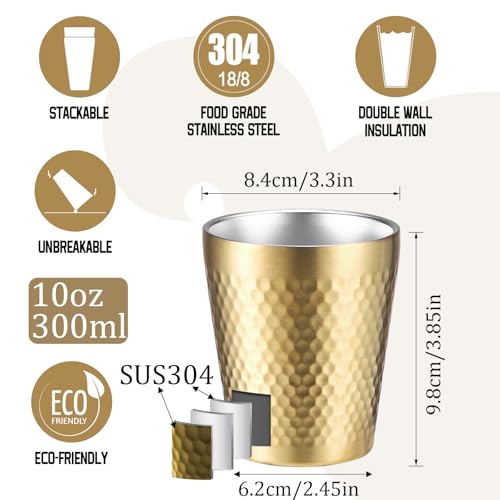 Stainless Steel Cups 2 Packs 10oz/300ml Stackable Double Wall Insulated Metal Shatterproof Cups Titanium-Plated Diamond Textured Surface Heat Resistant Dishwasher Safe (Golden) - color: Golden - 2 Packs