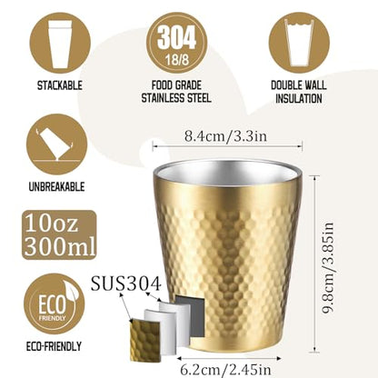 Stainless Steel Cups 2 Packs 10oz/300ml Stackable Double Wall Insulated Metal Shatterproof Cups Titanium-Plated Diamond Textured Surface Heat Resistant Dishwasher Safe (Golden) - color: Golden - 2 Packs