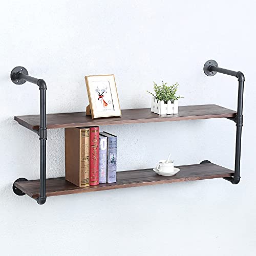 Industrial Pipe Shelves With Wood Planks,Rustic Pipe Shelving Wall Shelf | Metal Pipe Solid Pine Wood,Easy to Assemble,Wooden Board Thickness 0.78 In,For Bar Farmhouse Kitchen Office Bathroom,Bedroom - color: 2-layer, size: 42in