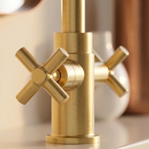 Modern Brushed Gold Bathroom Sink Faucet, 4 Inch Single Hole or 3 Hole Centerset, 2-Handle Cross Handle, 360-Degree Swivel Spout, 1.2 GPM Soft Water Flow, Pop Up Drain - color: Brushed Gold