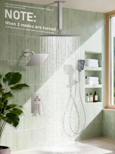 Woindo Shower Faucet Set, 10" Ceiling Mount Rainfall Shower System with 2 Rain Shower Head and Multi-function Handheld Head Push Button Diverter Shower Faucet Trim Kit - color: Brushed Nickel, style: 10"-Ceiling-01
