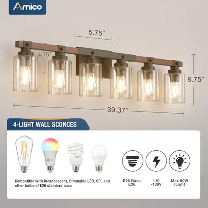 Amico 6-Light Farmhouse Bathroom Vanity Light, Seeded Glass, Black & Wood | Bubble Glass Shade Wall Sconce, Over Mirror Light Fixtures for Bathroom, Bedroom, Living Room, Hallway, Powder Room, Entryway - size: 6-Light