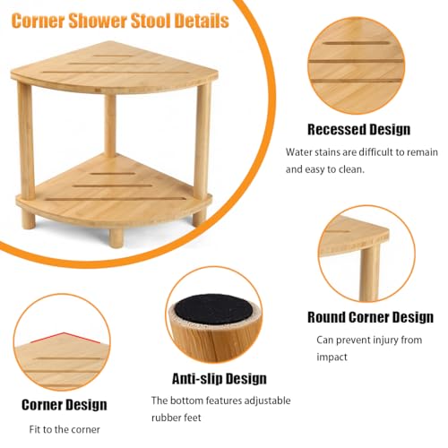 2-Tier Bamboo Corner Shower Stool,Shower Foot Rest for Bathroom Sauna | Non-Slip Adjustable Shower Feet Stool for Shaving Legs with Storage Shelf, Space Saving Shower Bench for Kitchen, Entryway