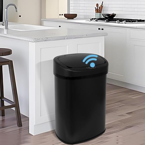 13 Gallon Stainless Steel Trash Can with Lid,Touch Free Automatic Kitchen Trash Can,Fingerprint-Resistant Soft Close Lid Garbage Can, 50L Large Capacity Garbage Can for Kitchen Home Office(Black) - color: Black