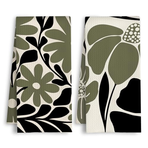 ArtisaEura Abstract Boho Dark Green and Black Floral Kitchen Towels, Mid Century Modern Boho Botanical Dish Tea Hand Towels for Kitchen Bathroom Decor, 16x24 Inch Set of 2 - color: Abstract -Sage Green and Black Abstract Floral