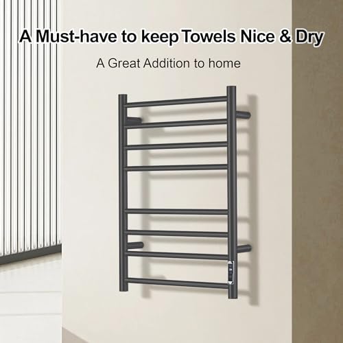 Towel Warmer Bathroom Wall Mounted Drying Rack Plug-in Electric Heated Towel Rack Stainless Steel Black with Timer & Temperature Control 8 Bar - color: Black With Timer 8 Bar Etw44-2, size: 8 Bar