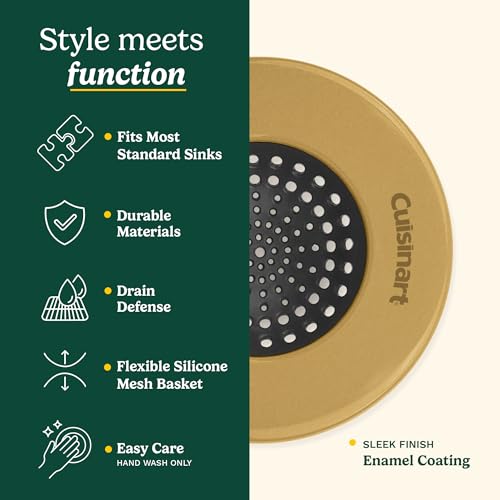 Cuisinart Stainless Steel Kitchen Sink Drain Strainer, 2-Pack, 4.35" | Fits standard 3.5in drains, silicone base and mesh, scratch-safe on steel or porcelain, enamel-coated to resist rust - color: Gold