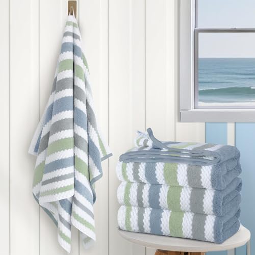 Striped Bath Towels (4PC, 28"x52") - Quick Dry | Absorb | Lightweight | 500GSM | Soft, Cotton Polyester Blend Bath Towels, Decorative Bath Towel with Hanging Loops, Navy Grey Green Stripes + White - color: Navy+gray+green+white, size: 4 PC Bath Towel Set